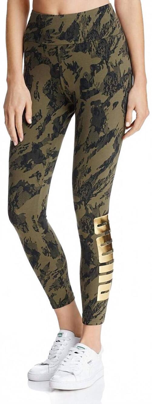 NEW PUMA rebel camo leggings in olive night/gold print